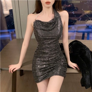 Váy thun kim sa cổ đổ lệch