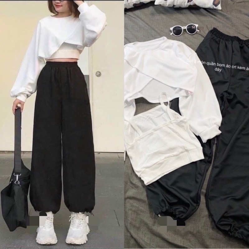 [Video, Ảnh Thật]Set 3 Món Quần Bom+ Áo Thun Croptop Kèm Áo Dây Và Các Mẫu Bộ Ulzzang Hot