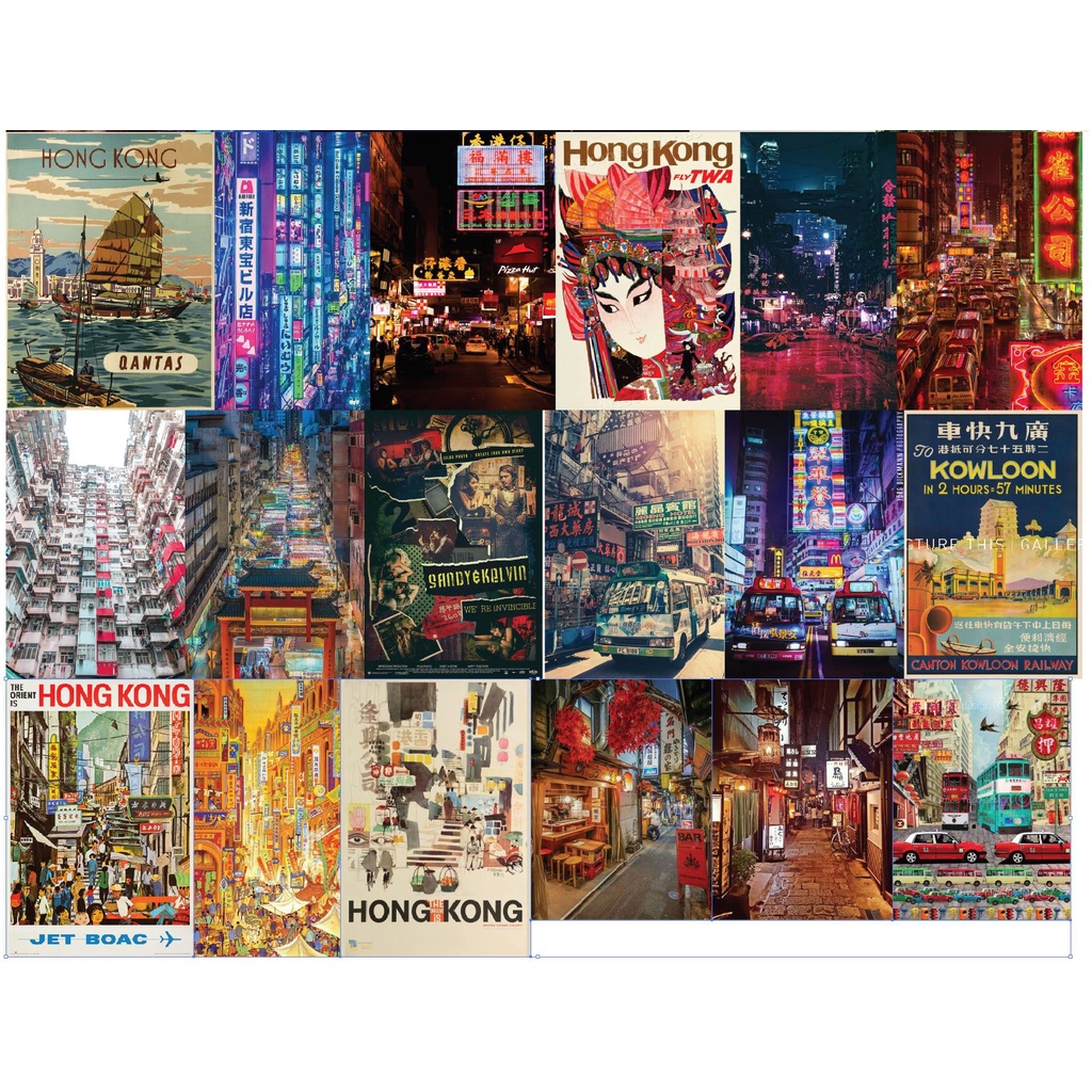 Decal dán tường phong cách Hongkong trang trí phòng, cửa hàng,  dán tường... Combo 16 - 20 hình(1 hình 20x30cm)