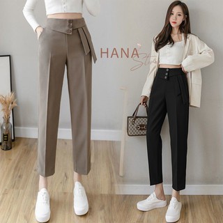 Quần baggy vải cạp cao dáng đứng ống dài phối 3 cúc 2 vạt phá cách - Màu Đen Nâu - Mặc đi làm công sở đi học hẹn hò xinh