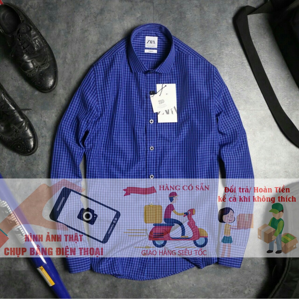 Áo sơ mi nam caro nhỏ chống nhăn - Màu xanh đậm