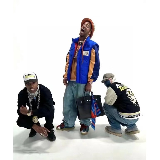 Human MADEx AWGE A $Ap Rocky Human Testing Áo Khoác Bóng Chày Đồng Phục Áo Khoác Bóng Chày Bằng Da Cotton Màu Đen Trắng Ghép Vải