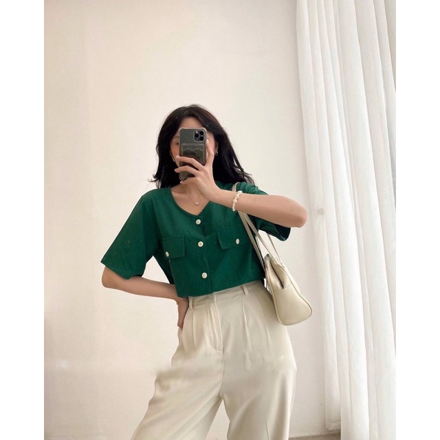 Áo sơ mi nữ thô trơn 2 túi trước cổ tròn tay cộc - hàng có sẵn