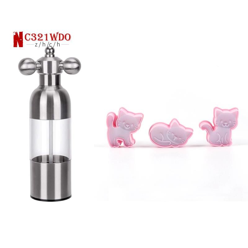 1 Pcs Manual Salt and Pepper Grinder with Grinder and Rotary Handle & 3 Pcs Three Kittens Biscuit Mold, Cartoon Mold