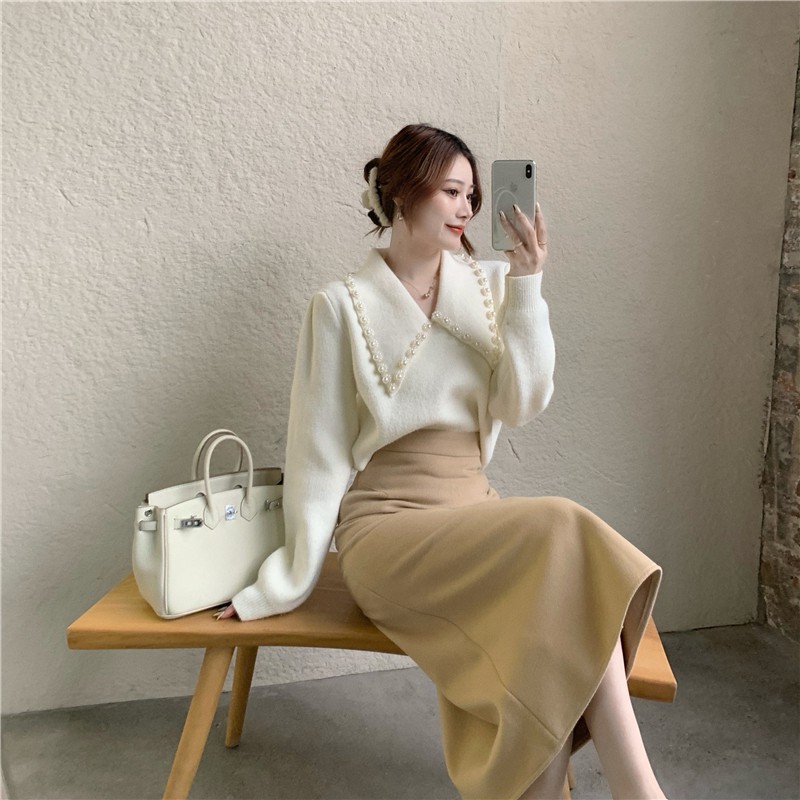 Set Áo Len Tay Phồng Cổ Chữ V Đính Hạt + Chân Váy Lưng Cao Thời Trang Cho Nữ | BigBuy360 - bigbuy360.vn