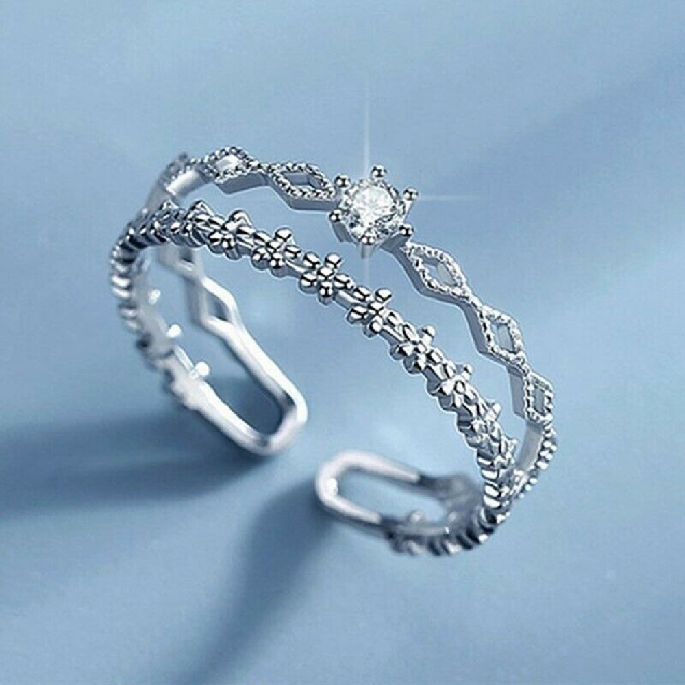 1 Nhẫn Hở Hai Lớp Hình Hoa Đính Đá Zircon Phong Cách retro Thời Trang