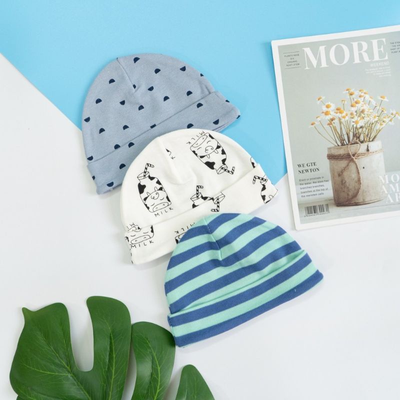Sét 3 mũ sơ sinh cotton co dãn cho bé mềm mịn, thoáng không bí hơi