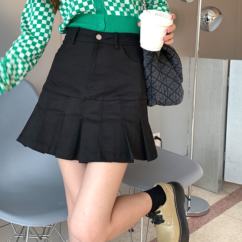 Chân Váy Chữ A Lưng Cao Xếp Ly Thời Trang Retro Hồng Kông Mới Cho Nữ