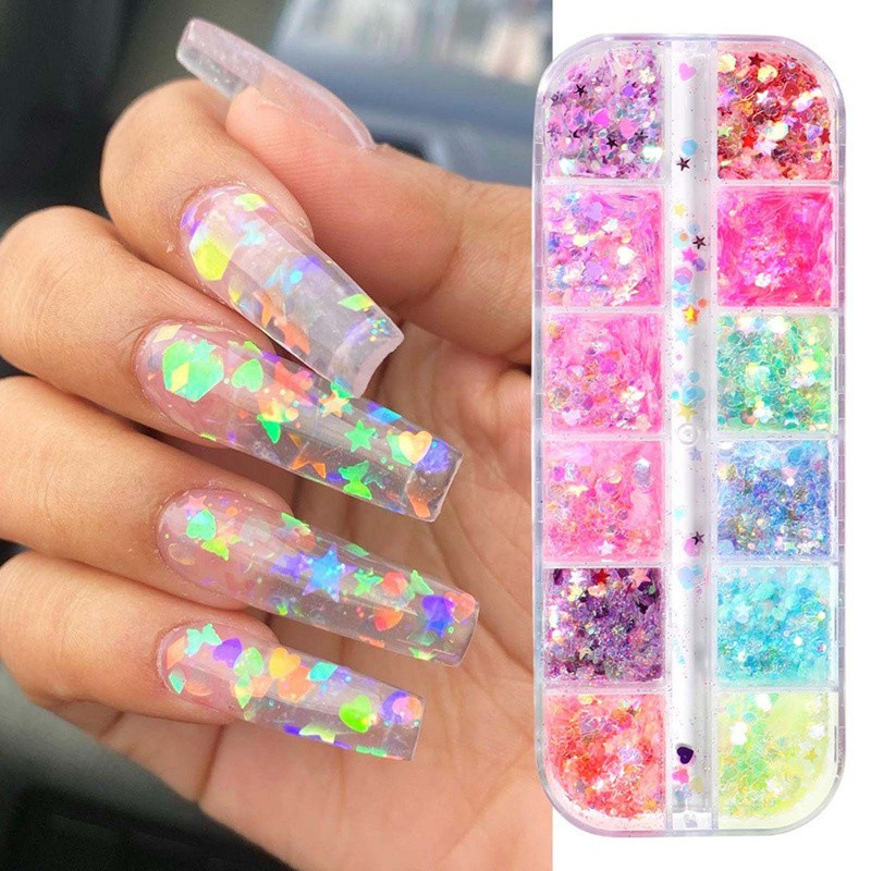 12 Colors Snowflake and Maple Leaf Shape Nail Glitter Decoration Chunky Glitter Manicure Nail Designs Accessories