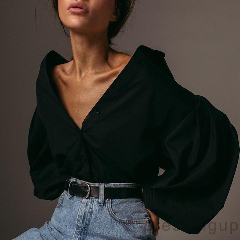 DRESSINGUP-Áo Sơ Mi Màu Trơn Tay Phồng Phối Nút Cá Tính Cho Nữ