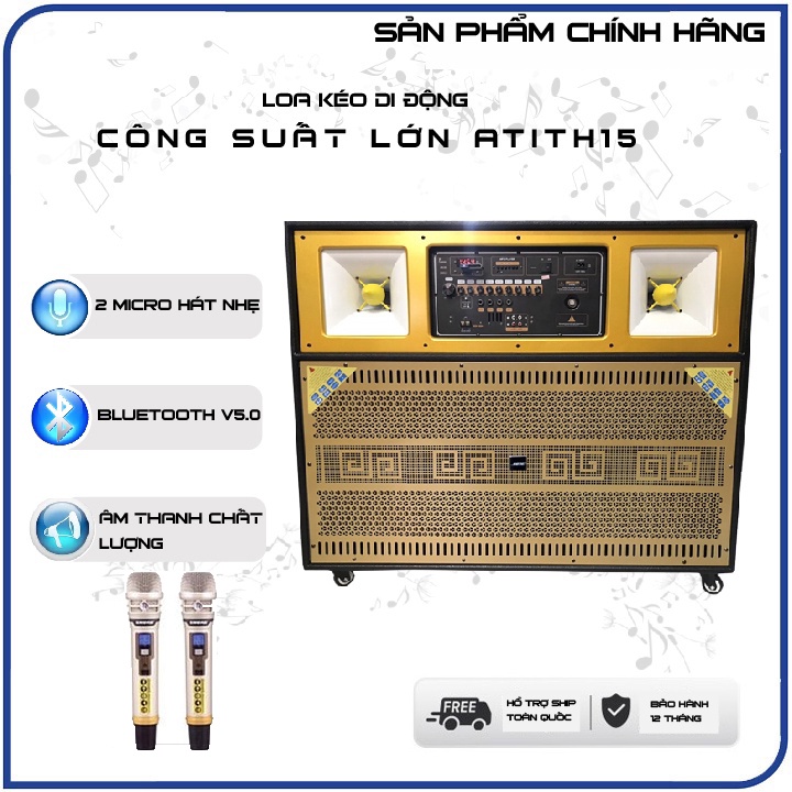 Loa kéo công suất lớn ATITH15, 2 Micro UHF, âm thanh 1000W, hát nhẹ, karaoke thả ga - BH 06 tháng