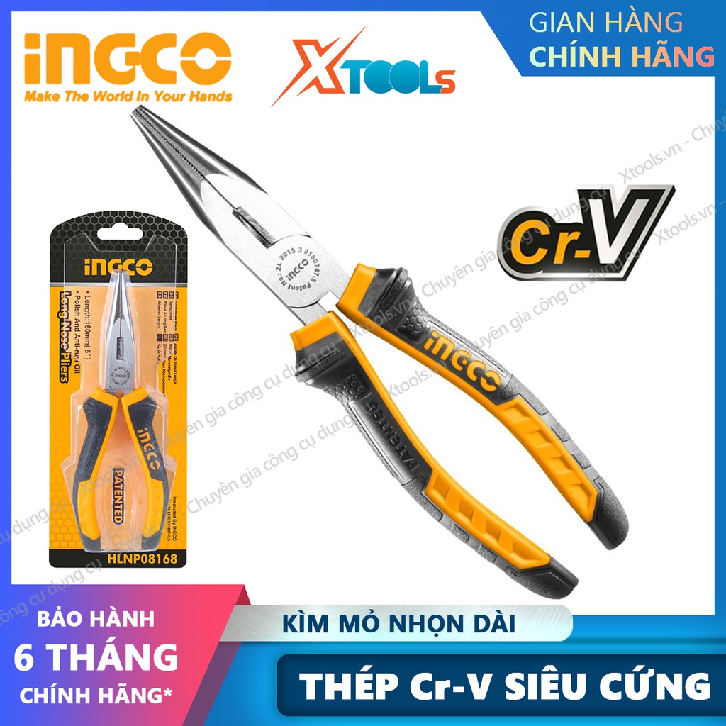 Kìm mỏ nhọn dài cách điện INGCO HLNP08168 6&quot; kềm mỏ dài thép Cr-V siêu cứng chống rỉ sét tay cầm cao su chống trơn trượt