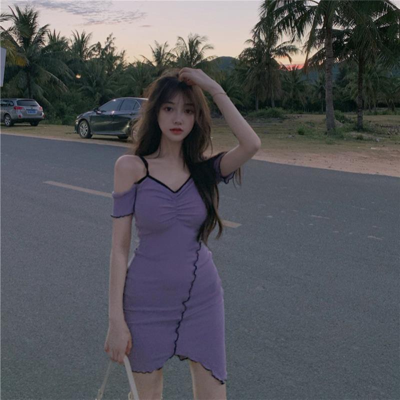Đầm Hai Dây Trễ Vai Màu Tím Phong Cách Pháp Quyến Rũ