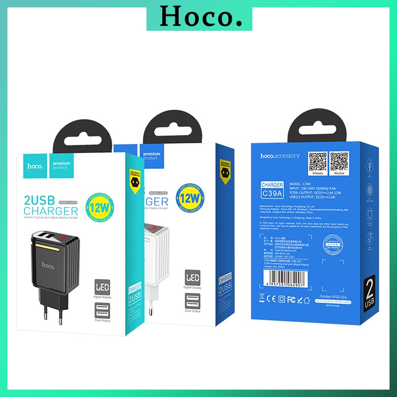 Củ Sạc Hoco C39A Cốc Sạc Nhanh 2 Cổng 2.4A EU Cục Sạc Đèn Led Báo Dòng Điện