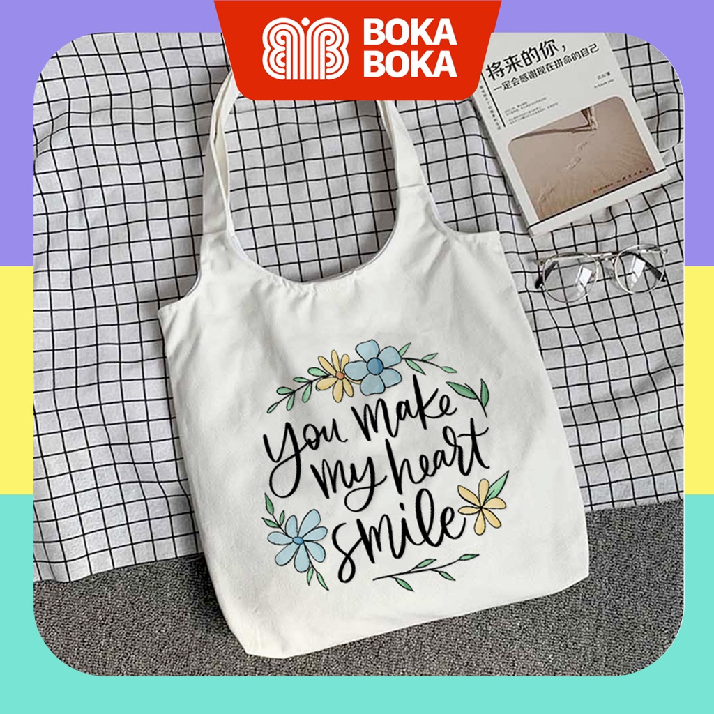 Túi tote xách vai vải canvas giá rẻ You Make My Heart Smile phong cách ulzzang hàn quốc