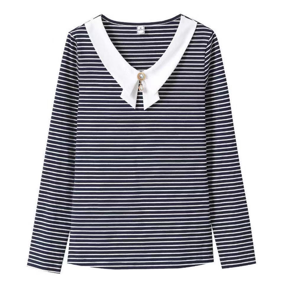 Áo thun tay dài dáng rộng họa tiết kẻ sọc thời trang cho phụ nữ trung niên