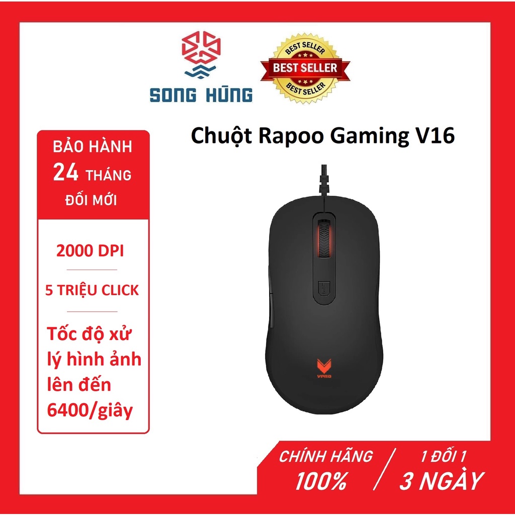 Chuột Rapoo Gaming V16 - 750/1350/2000 DPI - 1000Hz/1ms - Dây cắm USB - Đèn Led - Chính Hãng - Bảo hành 24 tháng đổi mới
