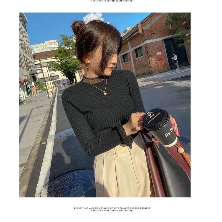 Áo len cổ lọ tay dài phối lưới thời trang thu đông mới thanh lịch cho nữ