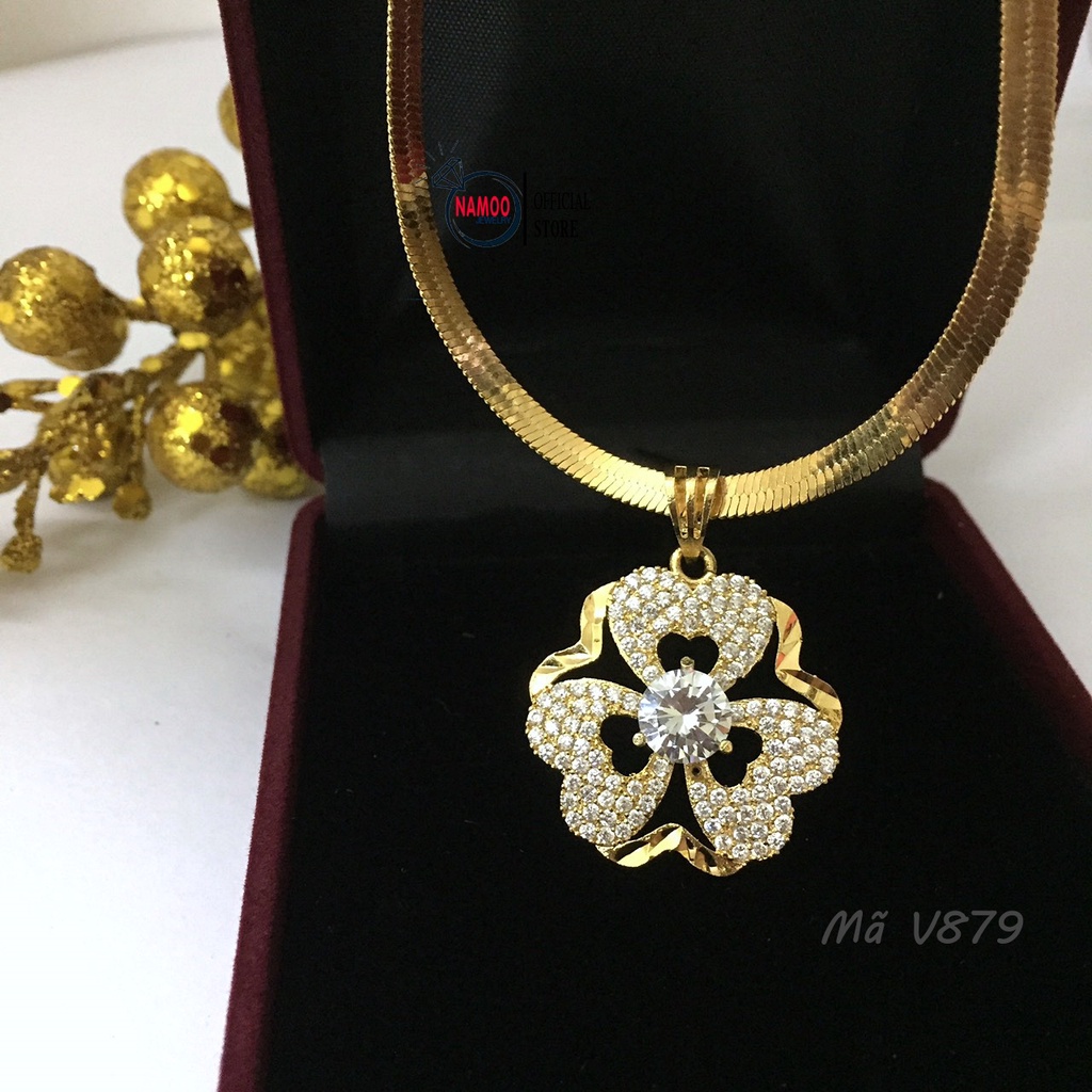 Dây Chuyền Titan Nữ V879 Cỏ Ba Lá Đính Đá Lớn Kết Hợp Dây Dẹt V007 Bền Màu