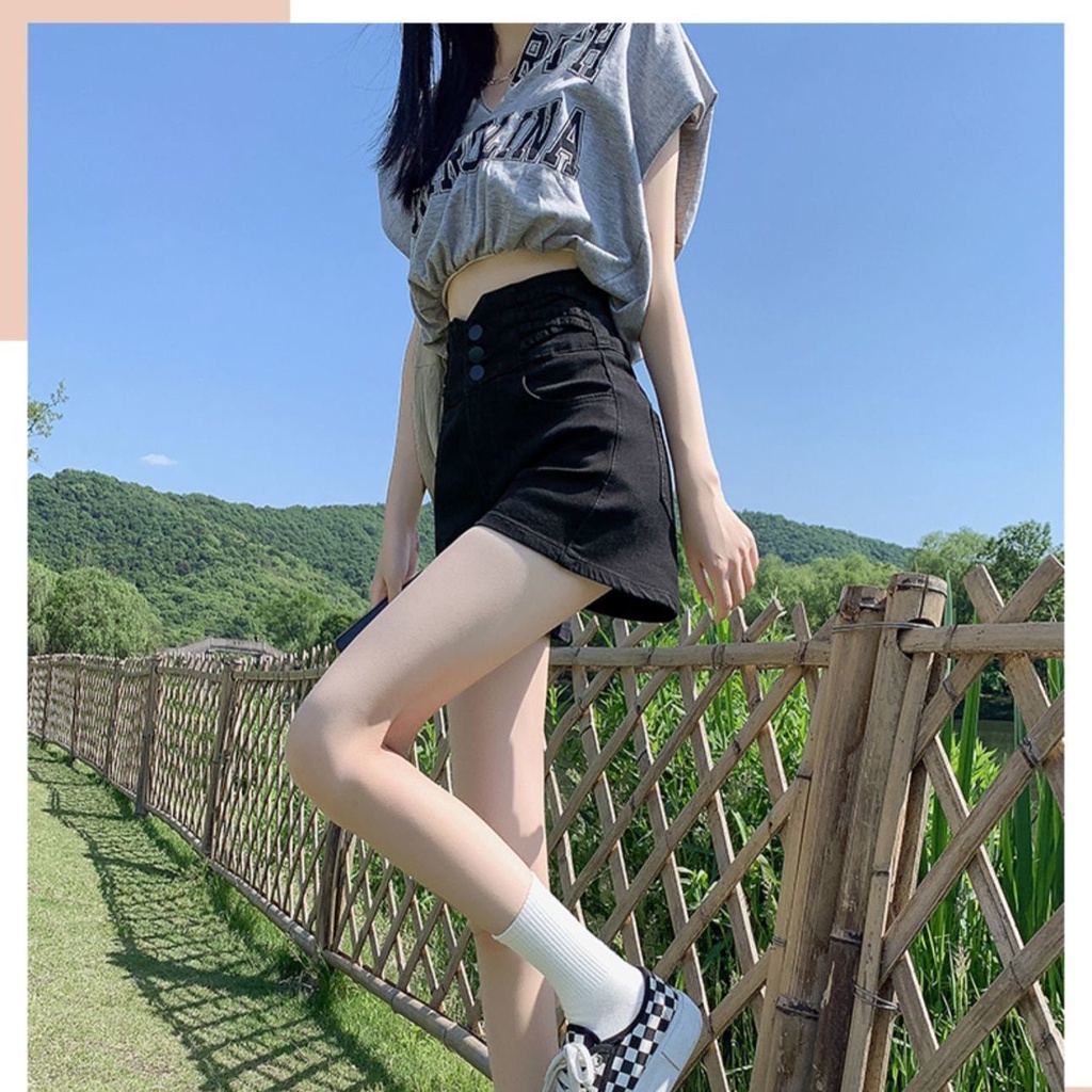 Quần Short Denim Màu Đen Lưng Cao Dáng Chữ a Thời Trang Mùa Hè Cho Nữ