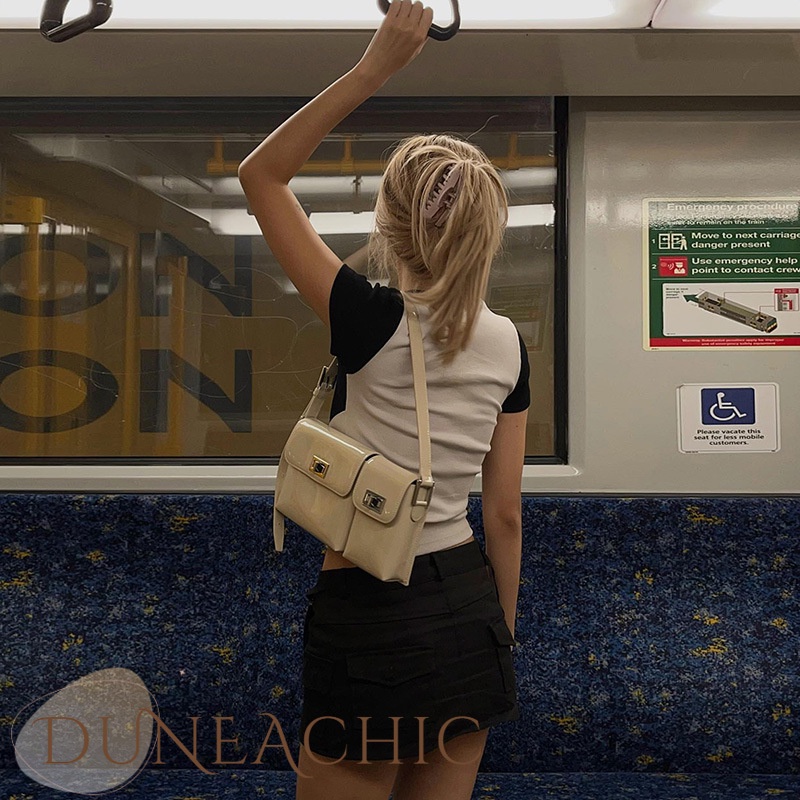 DUNEA Áo thun lửng tay ngắn cổ tròn màu tương phản quyến rũ thời trang dành cho nữ