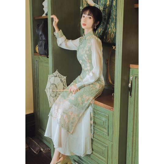 Sườn xám cách điệu xanh mint pastel
