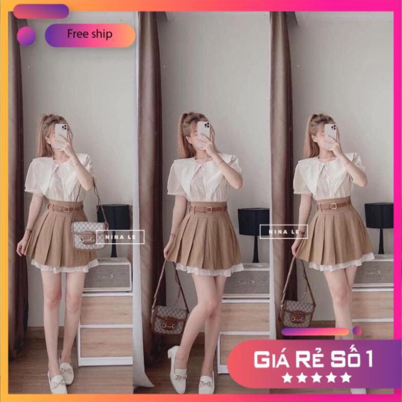 Set Áo Sơ mi Cổ Nhọn Mix Chân Váy Xếp Ly Nâu Kèm Đai