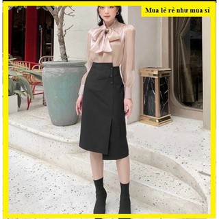 Chân váy công sở, Chân váy bút chì dáng dài -bọc cúc-qua gối- 2 màu đen,nâu