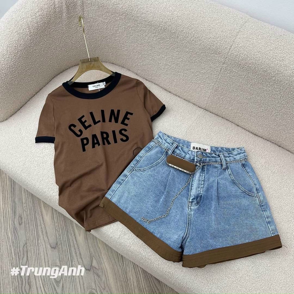 Quần đùi jean nữ denim hot ống xoè viền màu ko kèm nịt nhe