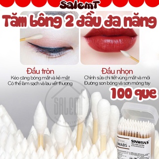 Hộp 100 Que Tăm Bông Ngoáy Tai Người Lớn 2 Đầu Cán Gỗ Dùng Để Vệ Sinh Tai, Mũi, Trang Điểm, Tẩy Trang, Lau Chùi Đồ Vật