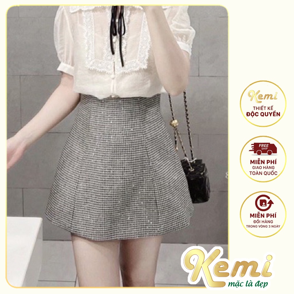 Váy trễ vai đính hoa bèo tơ đầm xòe dáng chữ A ren kẻ ô cao cấp Kemi