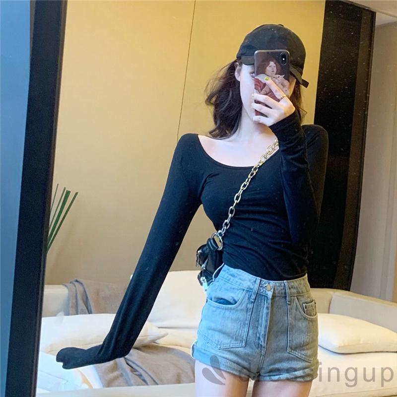 Áo Thun Tay Dài Cổ Xẻ Tà Màu Trơn / Trắng / Kaki Cho Nữ (Màu Đen)