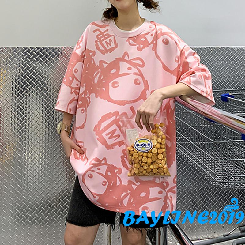 Áo thun tay ngắn cổ tròn dáng rộng in họa tiết hoạt hình bò sữa dễ thương cho nữ
