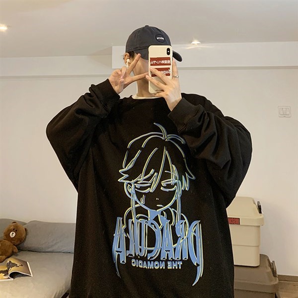 Áo Sweater Cổ Tròn Lót Nhung Dáng Rộng In Họa Tiết Hoạt Hình Thời Trang Cho Nam Size M-5XL