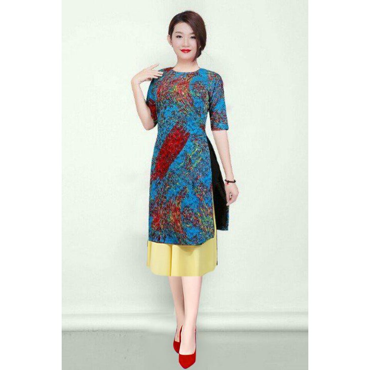 BIG SALE- ÁO DÀI CÁCH TÂN HỌA TIẾT CÓ SIZE 80kg ( áo kèm váy)