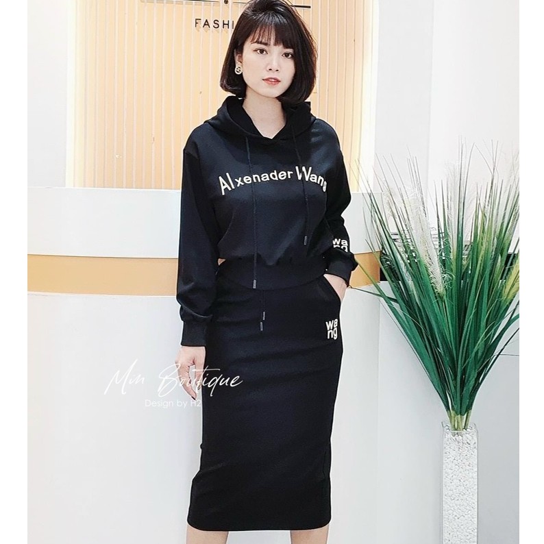 set váy bút chì áo dài tay thêu chữ wa.ng 2 màu xinh xắn