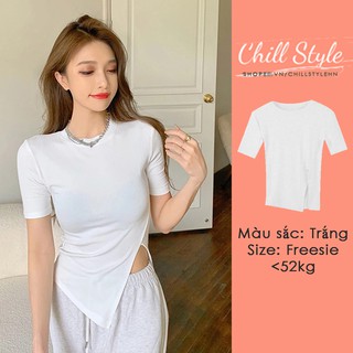 Áo thun nữ, áo phông nữ cộc tay dáng ôm xẻ tà nữ tính Chillstyle A01