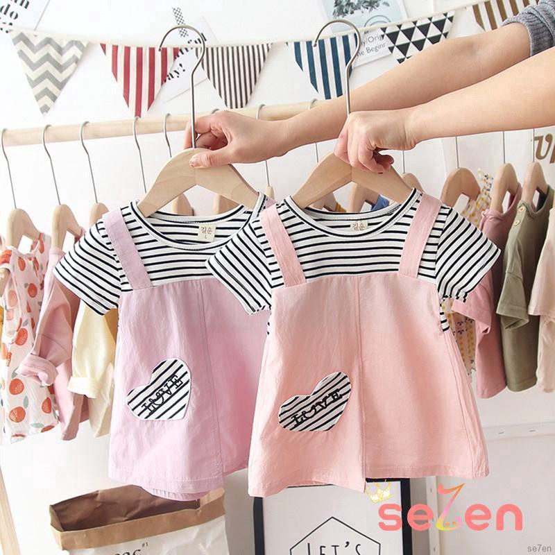 Set áo thun kẻ sọc phối chân váy yếm xinh xắn cho bé gái