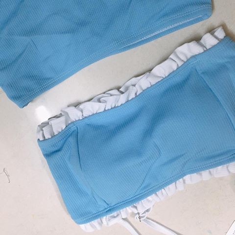 Bikini, đồ bơi 2 mảnh áo ống xanh duơng dễ thương chất vải thun gân (hàng Quảng Châu loại 1)