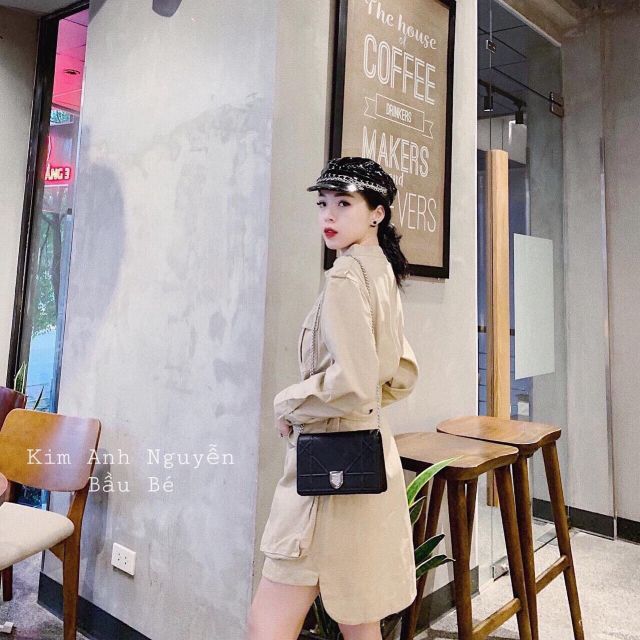 Đầm sơ mi tay dài phối túi