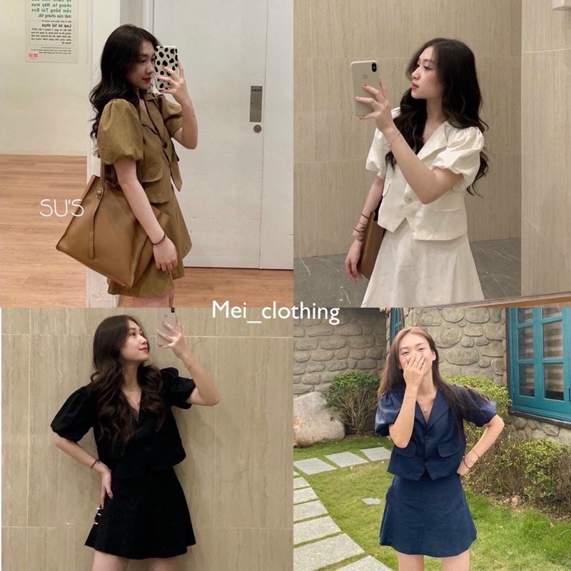 [Hàng QC/sẵn] Set váy công sở thiết kế thanh lịch/ Áo croptop tay bồng kèm chân váy