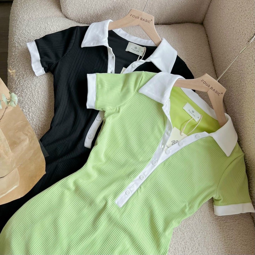 Đầm cổ bẻ cài nút viền cổ nút màu trắng ôm body cực xinh , chất thun gân mềm mát
