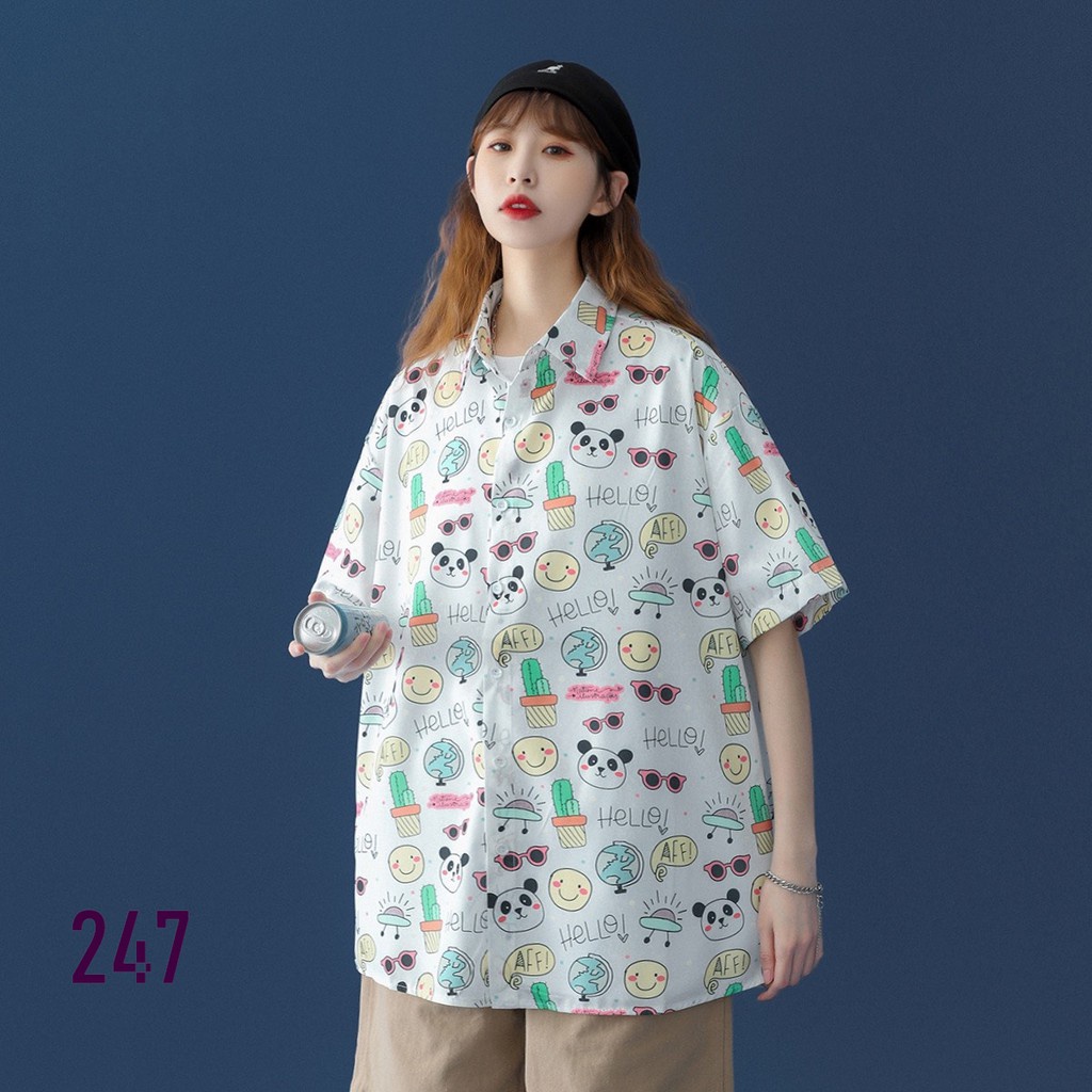 Áo Sơ Mi Nam Nữ Ngắn Tay Cổ Bẻ 247 In Họa Tiết Chú Gấu Mắt Kính Mặt Vui Chất Vải Thoáng Mát  Mẫu Siêu Cute - Hazo