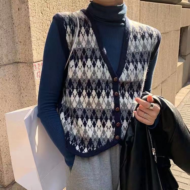 Áo len không tay cổ chữ v form rộng phong cách retro Hàn quốc