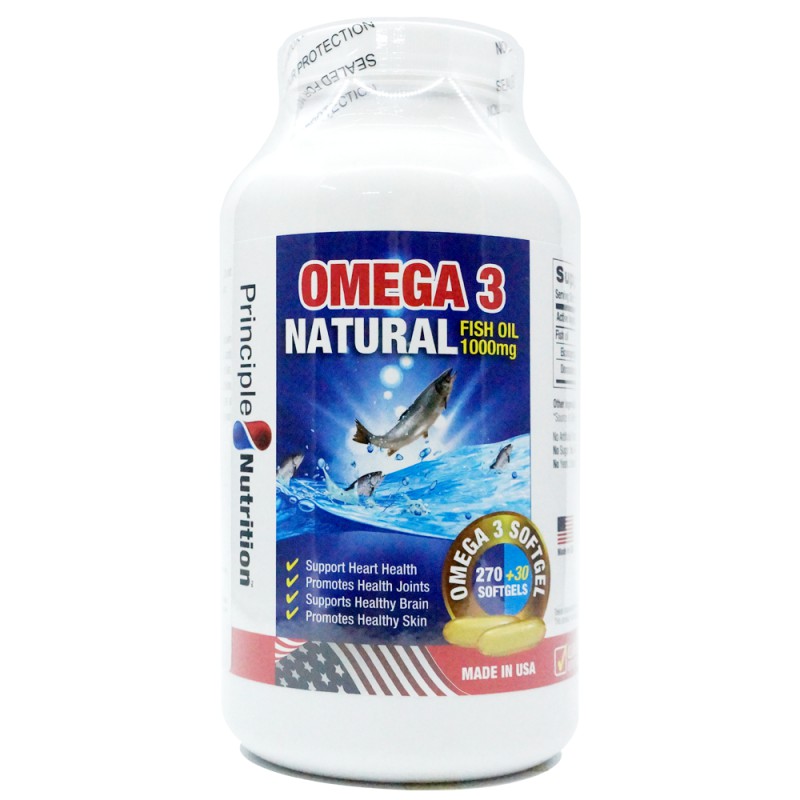 Dầu Cá Tự Nhiên Giúp Cải Thiện Trí Nhớ,Bổ Mắt,Đẹp Da,Omega 3 Natural Fish Oil 1000mg 270+30 viên - Principle Nutrition