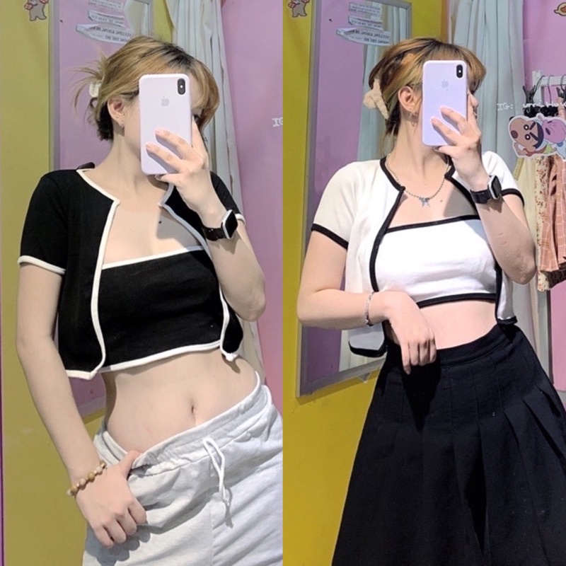 Set áo croptop kèm áo khoác ngoài chất thun mềm mịn YUMI BÁN SỈ Set 2 Áo Croptop Kèm Áo Ống Ulzzang