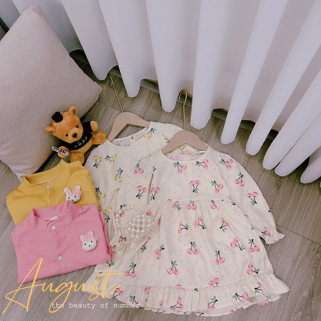 Sét váy thu đông kèm áo len cho bé gái, set váy đũi hoa dáng babydoll kèm áo khoác tổ ong gắn gấu siêu dễ thương cho bé