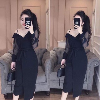 [BÁN GIÁ GỐC] Đầm body tay lưới lệch vai thắt eo + Ảnh thật thoitrangshop2019