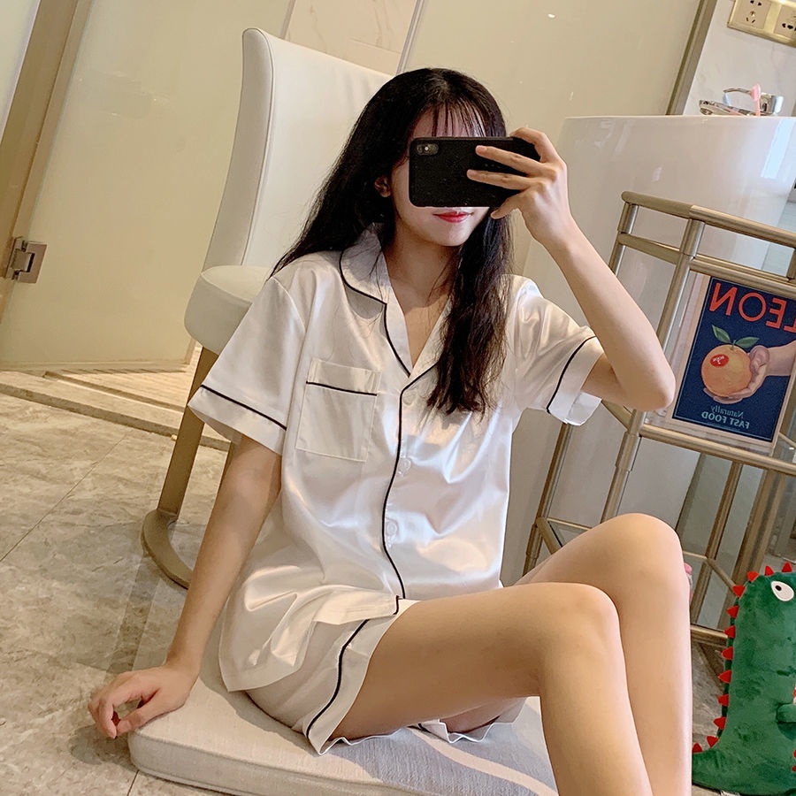 Bộ đồ ngủ ngắn tay vải lụa thời trang mùa hè hàn quốc dành cho nữ