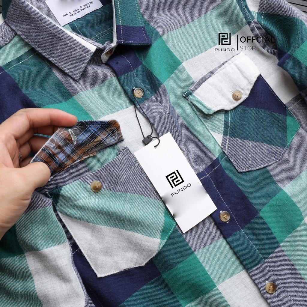 Áo sơ mi nam flannel PUNDO họa tiết kẻ sọc chất cotton dạ cao cấp ASMPD06